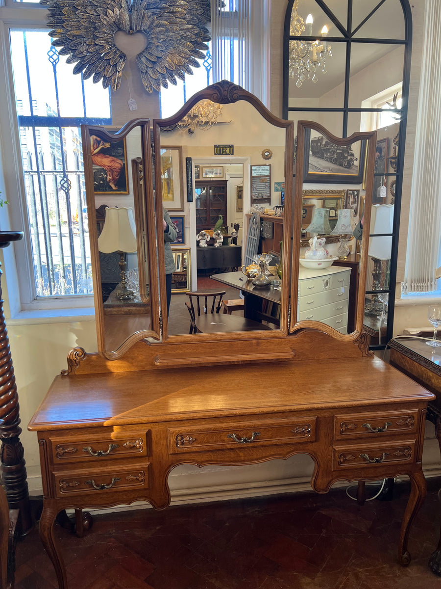 French Style Louis XV Carved Oak Triple Mirror Dressing Table (SKU156)