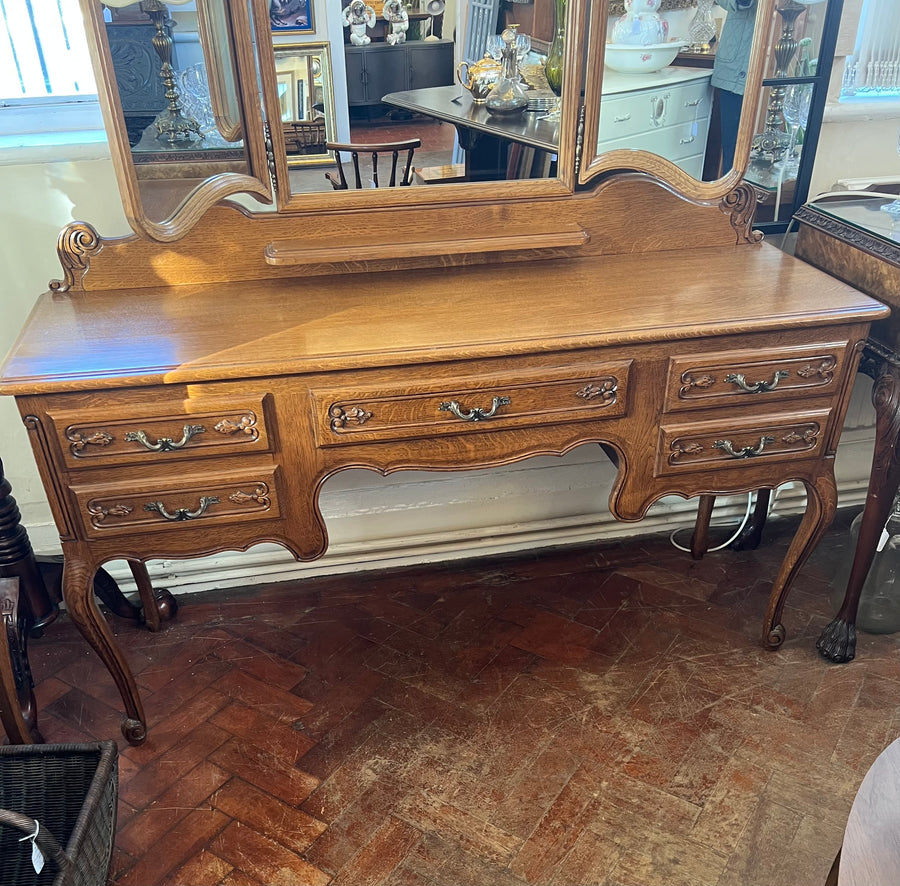 French Style Louis XV Carved Oak Triple Mirror Dressing Table (SKU156)