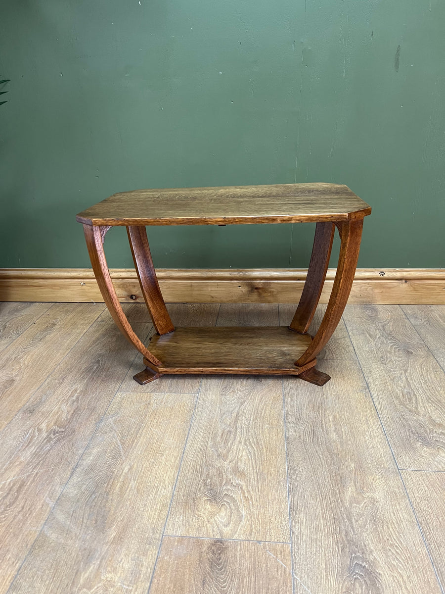Art Deco Oak 2 Tier Side Table With Bow Stretcher Legs (SKU91)