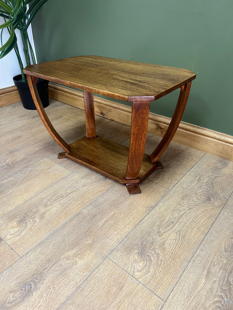 Art Deco Oak 2 Tier Side Table With Bow Stretcher Legs (SKU91)