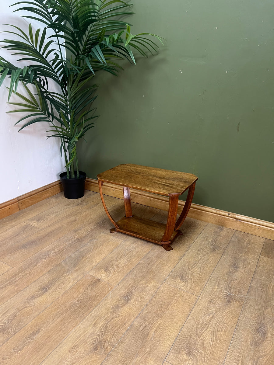 Art Deco Oak 2 Tier Side Table With Bow Stretcher Legs (SKU91)