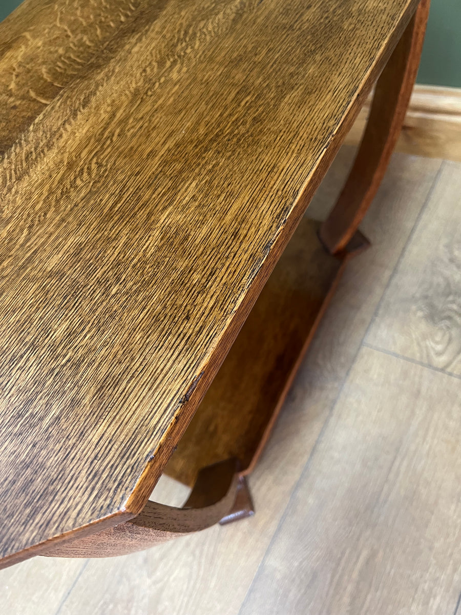 Art Deco Oak 2 Tier Side Table With Bow Stretcher Legs (SKU91)
