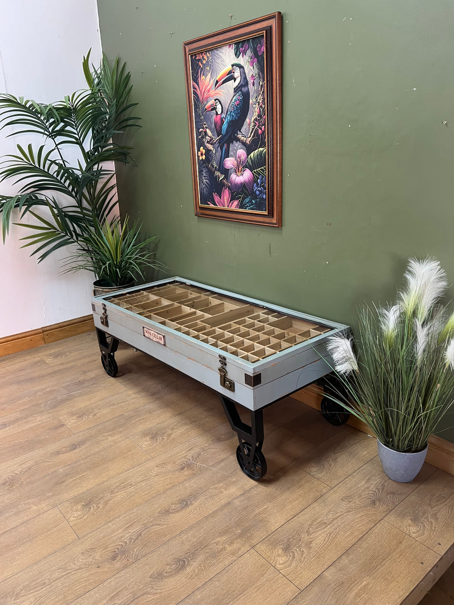 Industrial Style Coffee Table On Wheels Glass Display Storage Top (SKU71)
