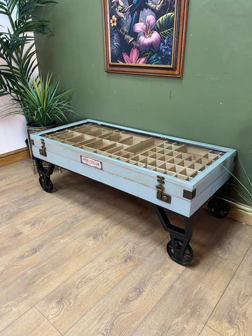 Industrial Style Coffee Table On Wheels Glass Display Storage Top (SKU71)