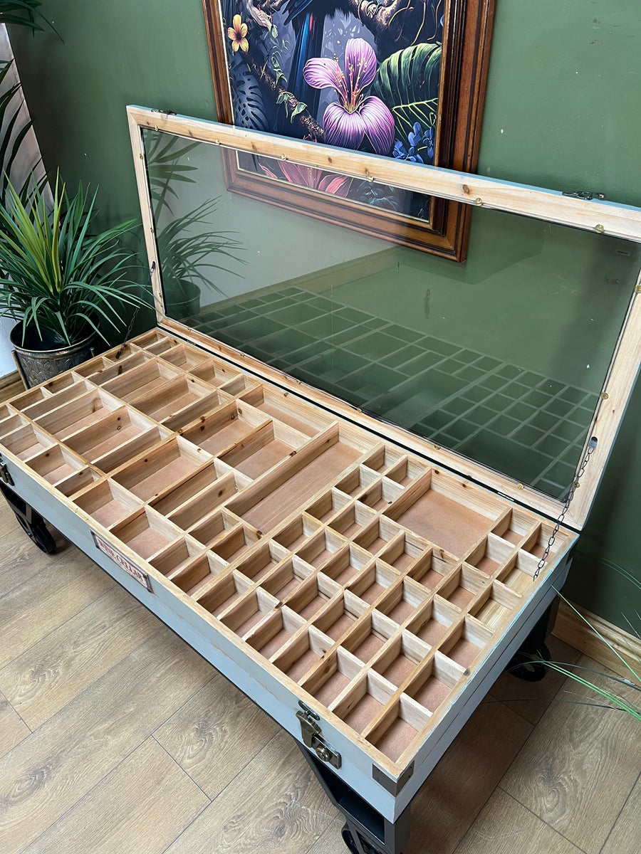 Industrial Style Coffee Table On Wheels Glass Display Storage Top (SKU71)