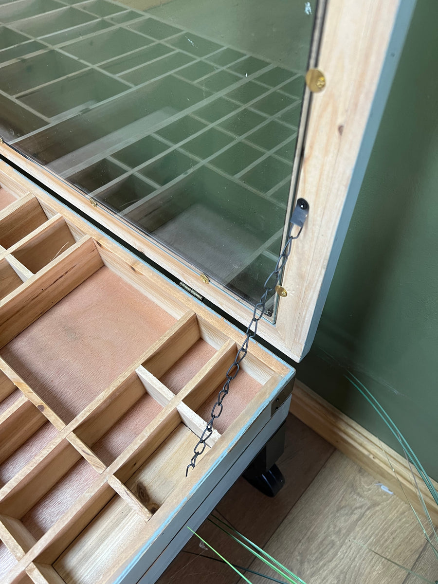 Industrial Style Coffee Table On Wheels Glass Display Storage Top (SKU71)