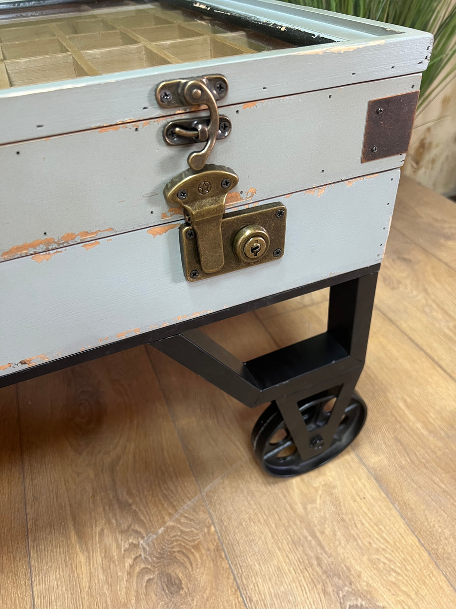 Industrial Style Coffee Table On Wheels Glass Display Storage Top (SKU71)