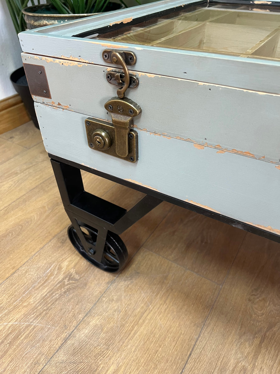 Industrial Style Coffee Table On Wheels Glass Display Storage Top (SKU71)