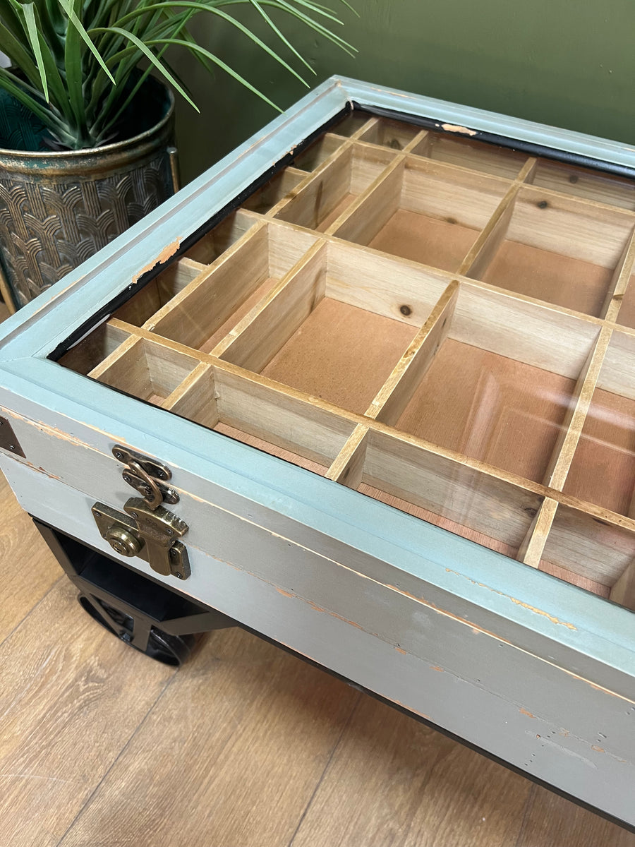 Industrial Style Coffee Table On Wheels Glass Display Storage Top (SKU71)