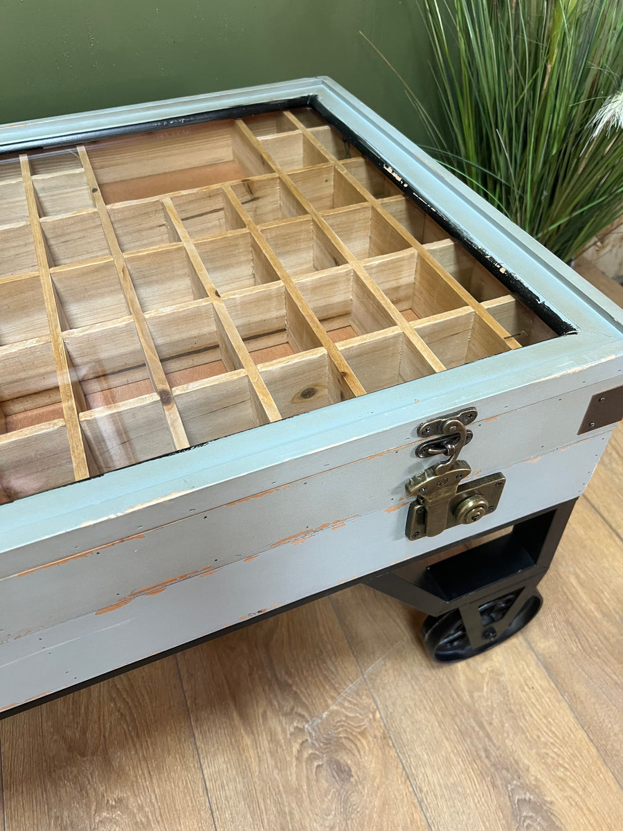 Industrial Style Coffee Table On Wheels Glass Display Storage Top (SKU71)