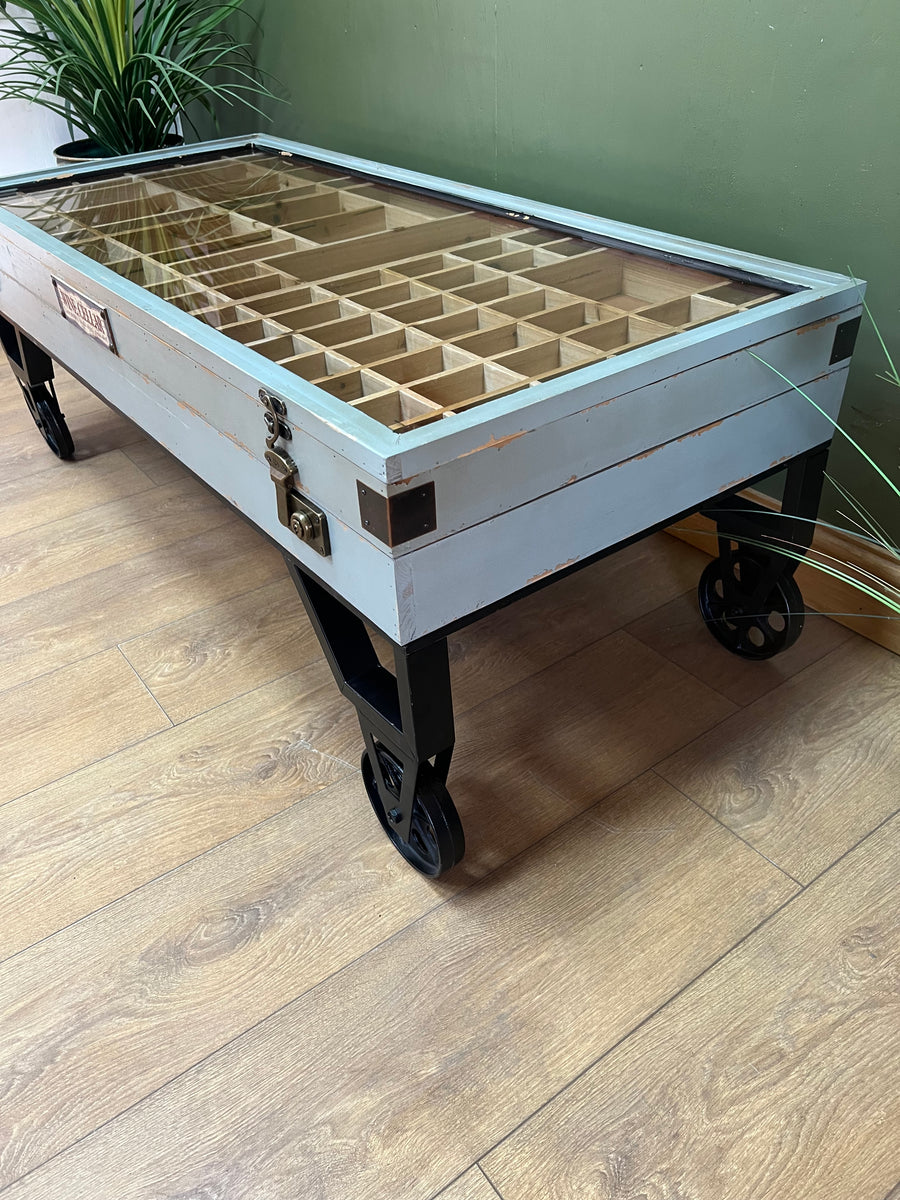 Industrial Style Coffee Table On Wheels Glass Display Storage Top (SKU71)