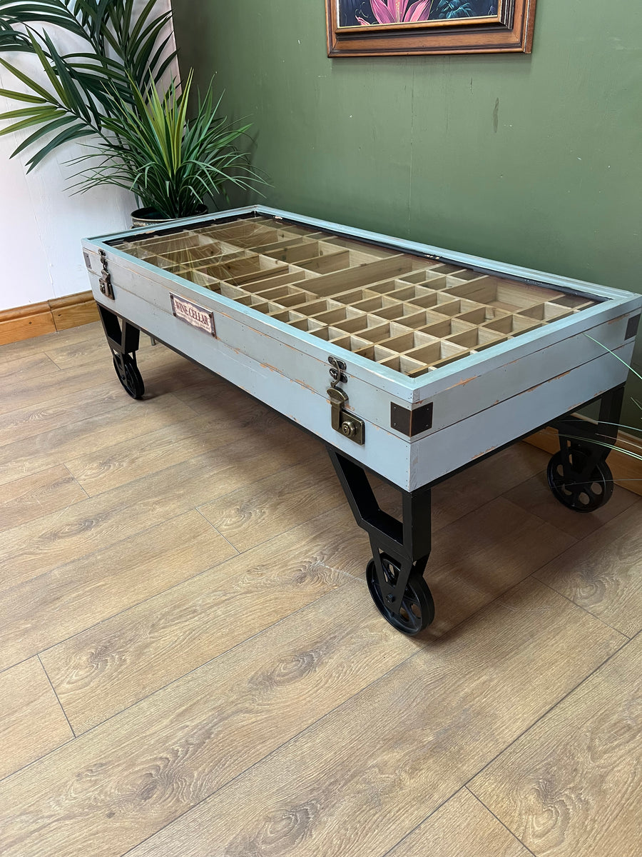 Industrial Style Coffee Table On Wheels Glass Display Storage Top (SKU71)
