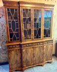 Vintage Yew Wood Glazed Library Breakfront Bookcase Cabinet (SKU067)