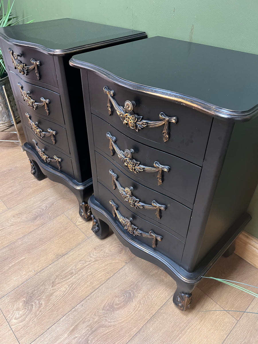Pair Black/Gold Rococo Style Bedside Drawers (SKU172)