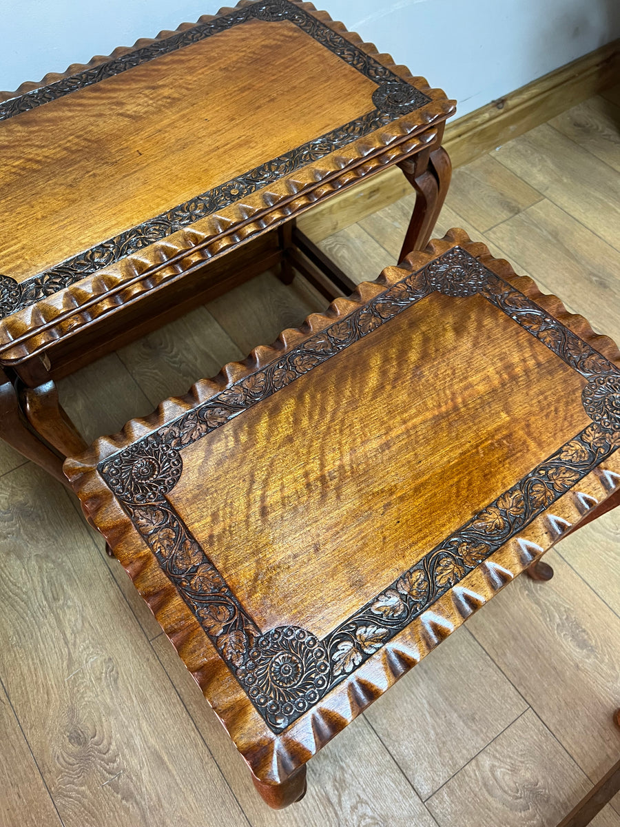 Vintage Nest of 4 Tables Carved Teak Wood (SKU63)