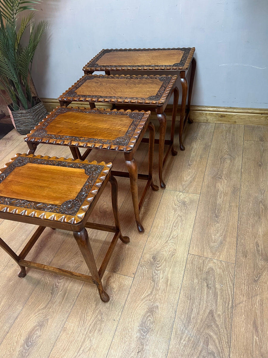 Vintage Nest of 4 Tables Carved Teak Wood (SKU63)