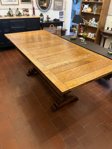 Antique Oak Solid Top Draw Leaf Dining Table and A Carved Base (SKU36)