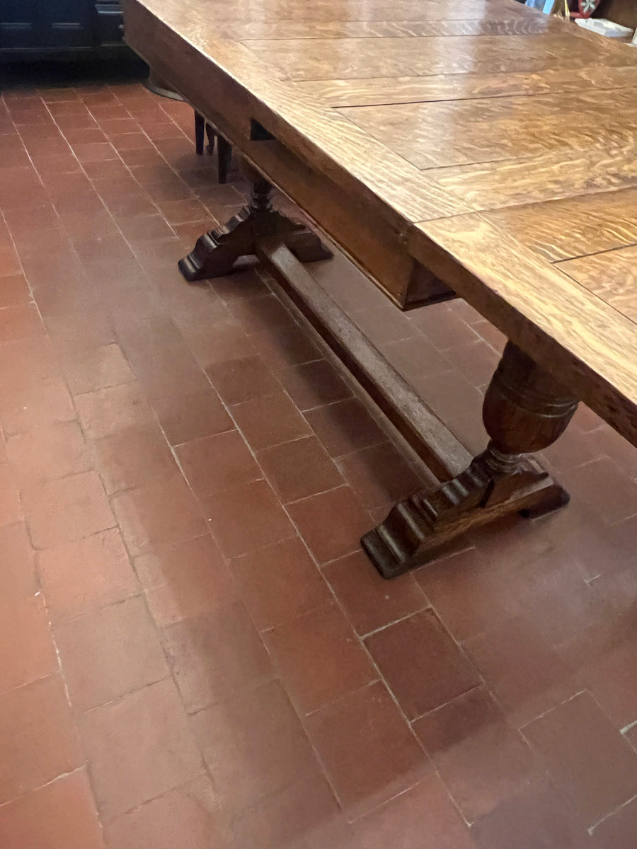 Antique Oak Solid Top Draw Leaf Dining Table and A Carved Base (SKU36)
