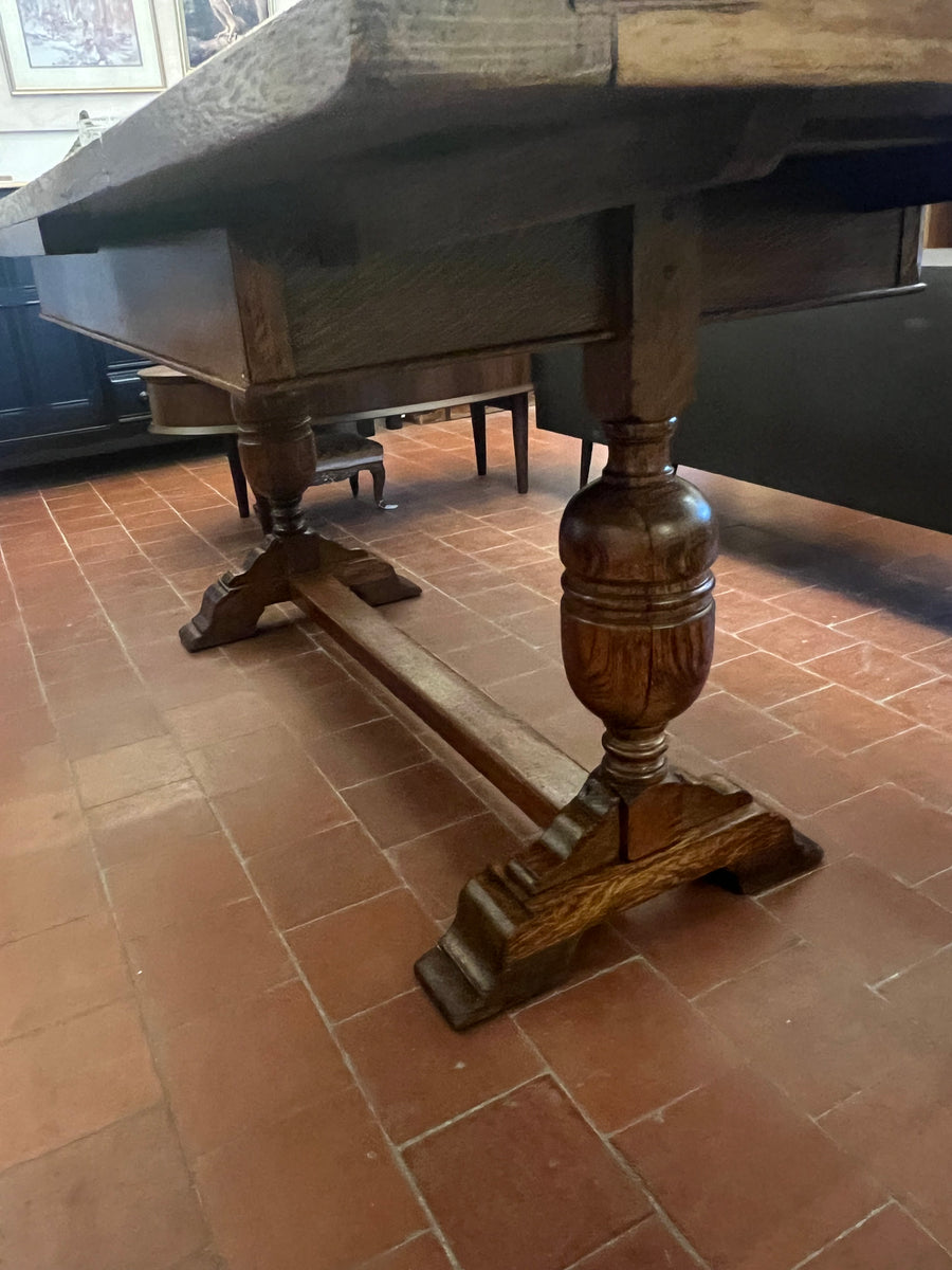 Antique Oak Solid Top Draw Leaf Dining Table and A Carved Base (SKU36)