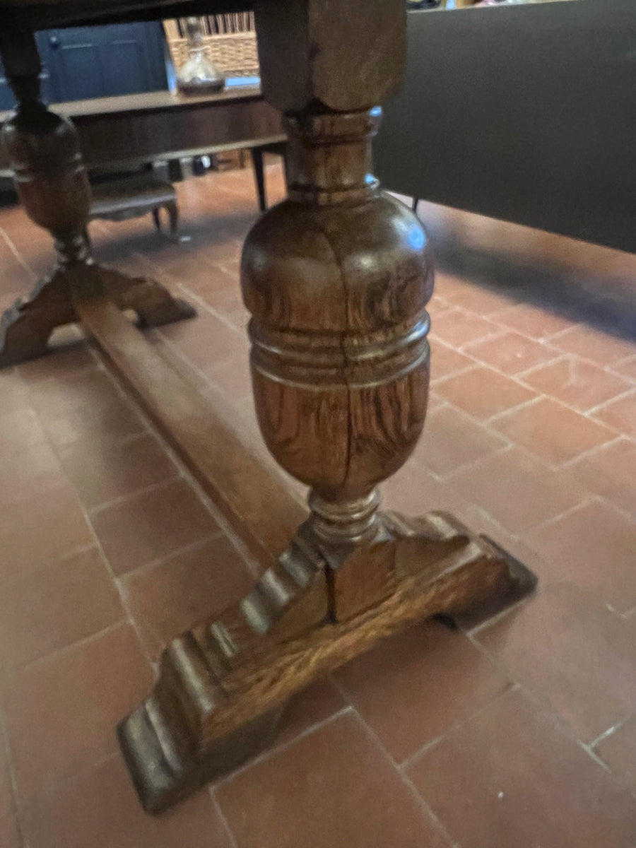 Antique Oak Solid Top Draw Leaf Dining Table and A Carved Base (SKU36)