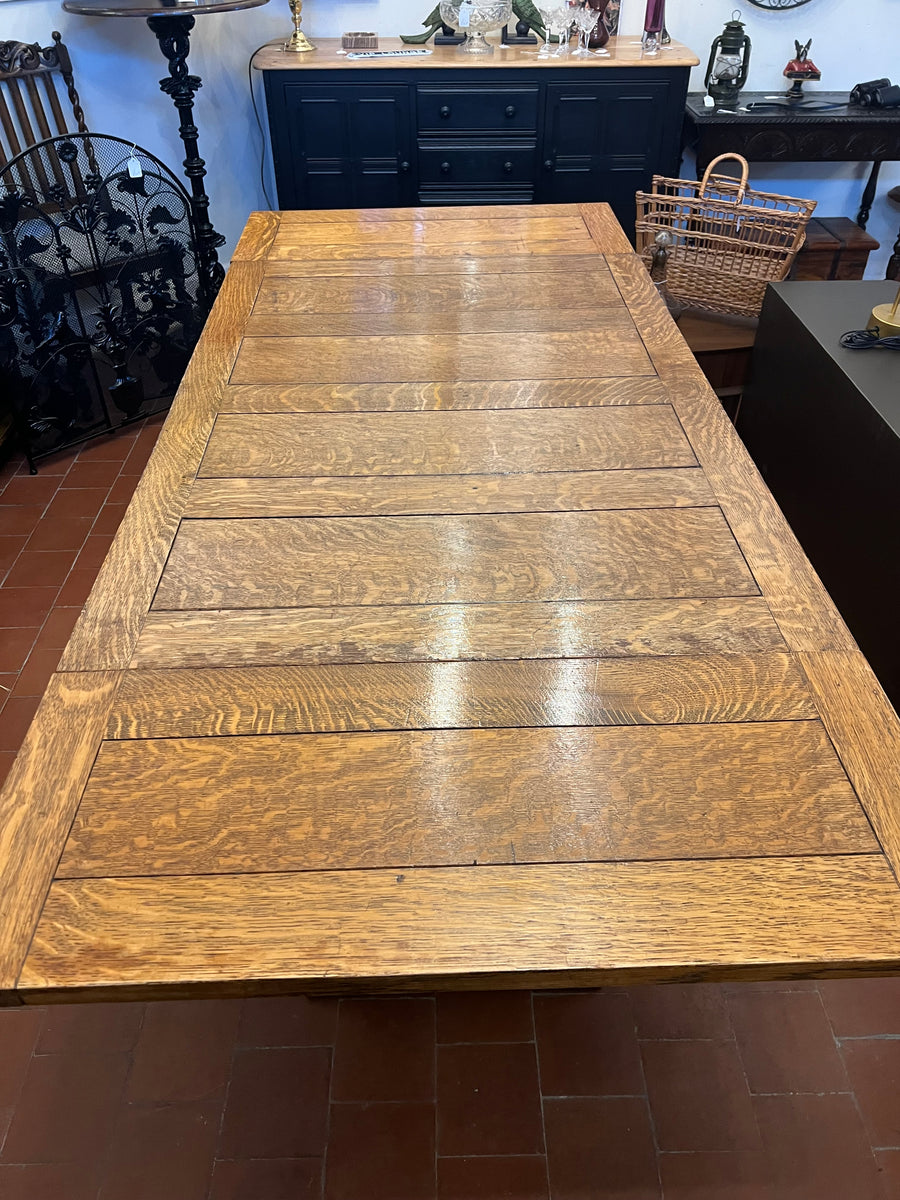 Antique Oak Solid Top Draw Leaf Dining Table and A Carved Base (SKU36)