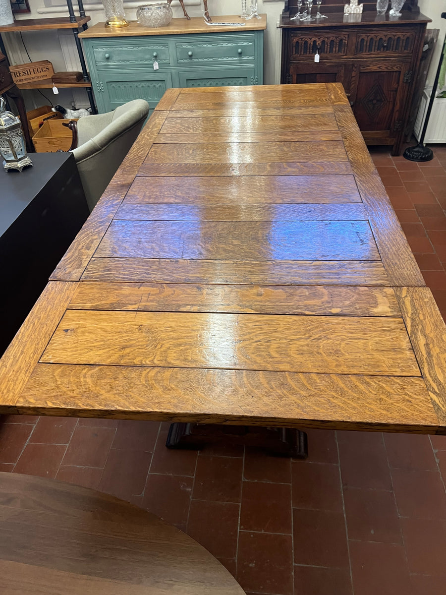 Antique Oak Solid Top Draw Leaf Dining Table and A Carved Base (SKU36)