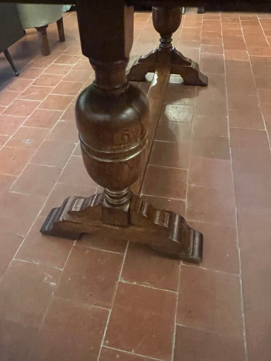 Antique Oak Solid Top Draw Leaf Dining Table and A Carved Base (SKU36)