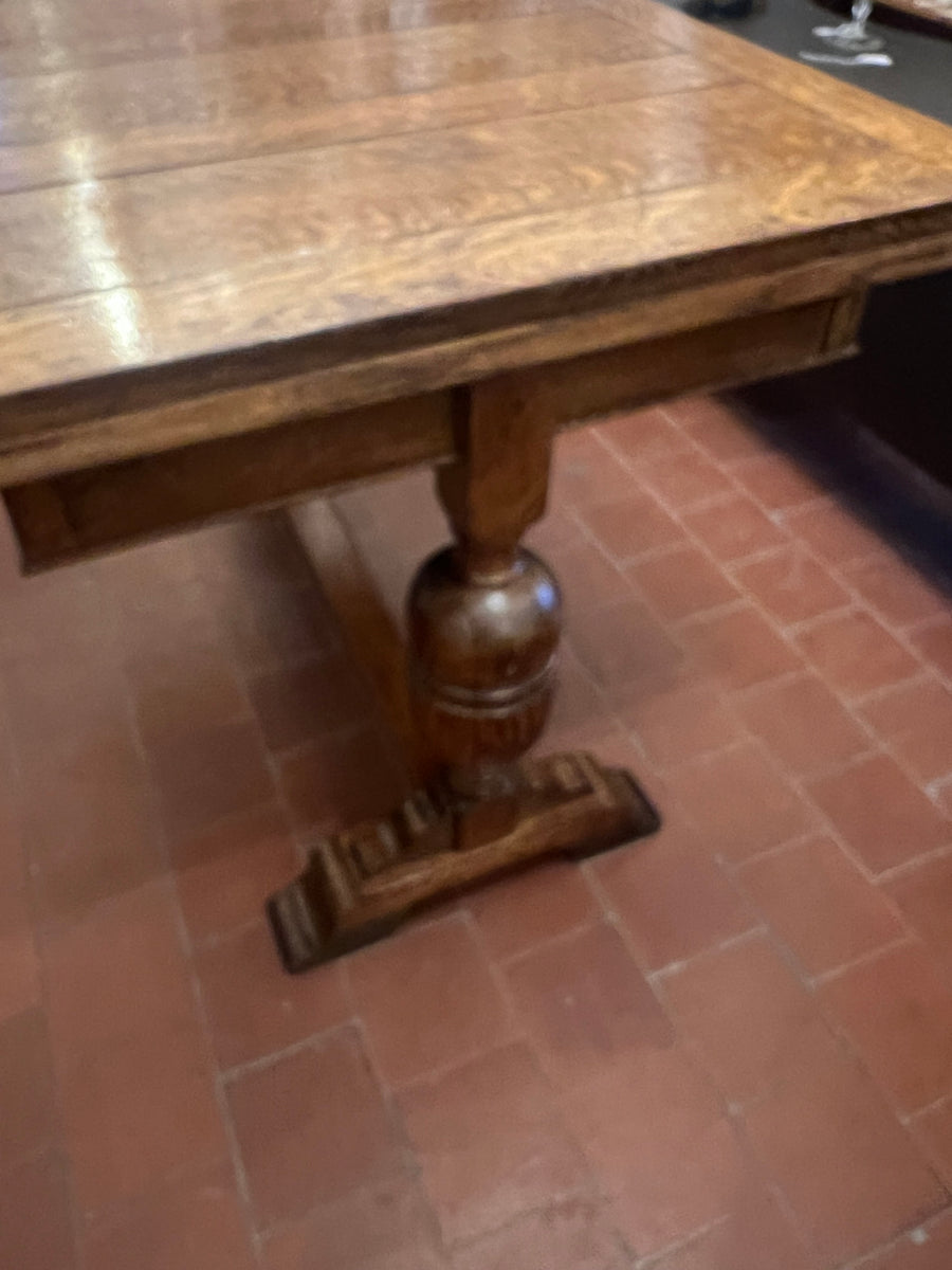 Antique Oak Solid Top Draw Leaf Dining Table and A Carved Base (SKU36)