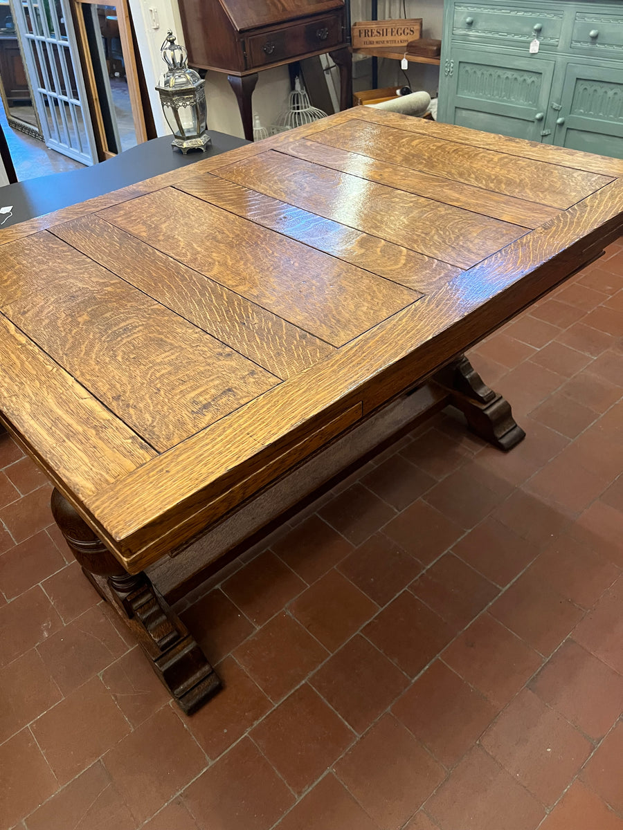 Antique Oak Solid Top Draw Leaf Dining Table and A Carved Base (SKU36)
