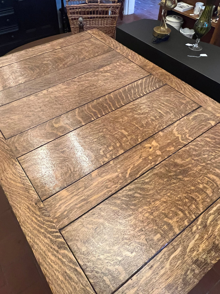 Antique Oak Solid Top Draw Leaf Dining Table and A Carved Base (SKU36)