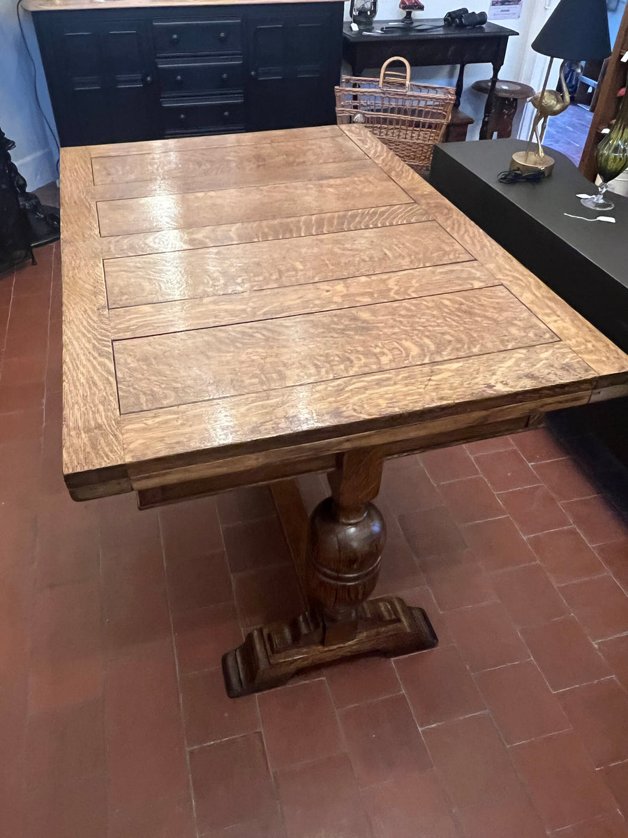 Antique Oak Solid Top Draw Leaf Dining Table and A Carved Base (SKU36)