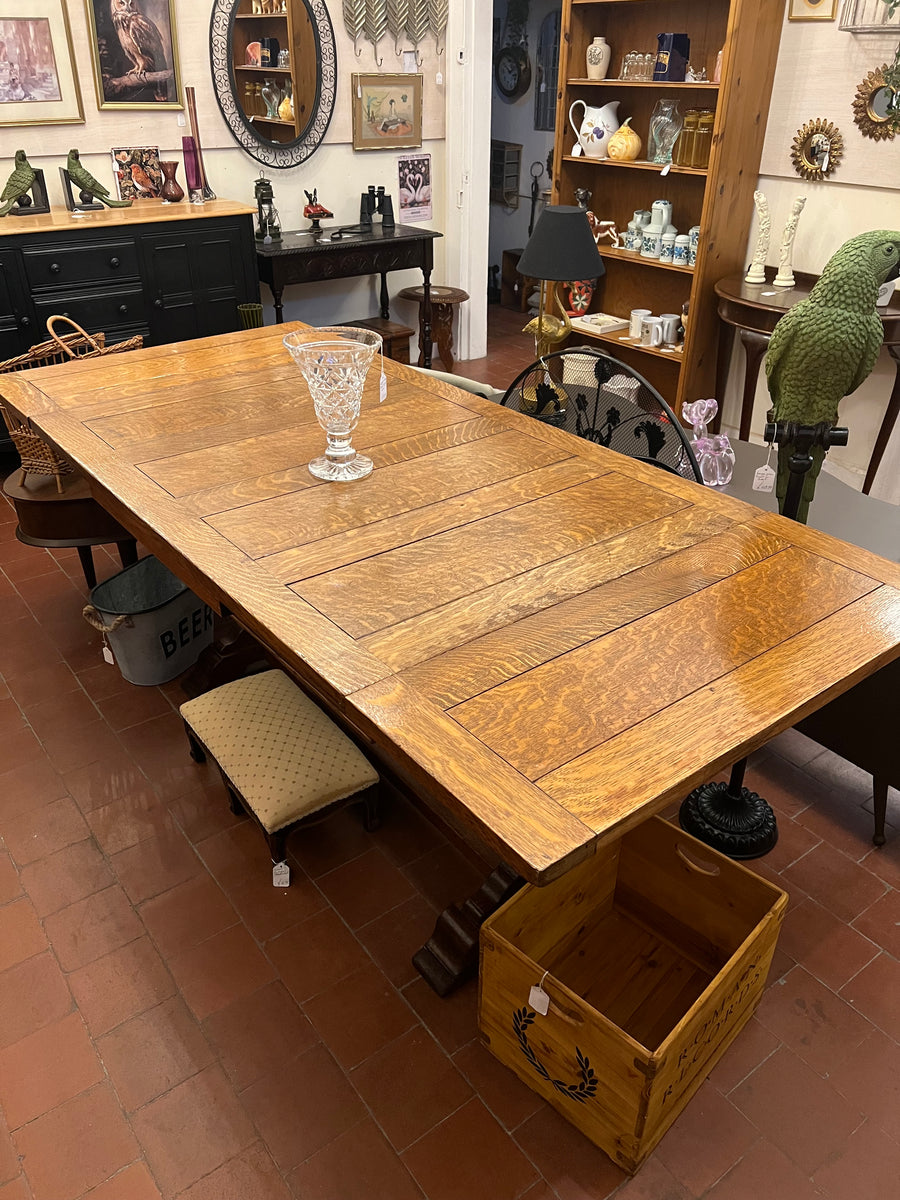 Antique Oak Solid Top Draw Leaf Dining Table and A Carved Base (SKU36)