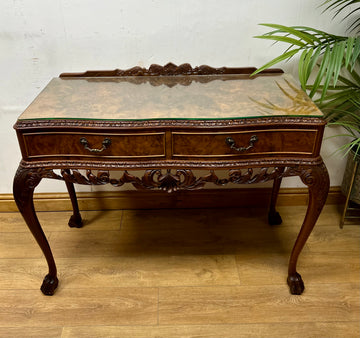 Burr Walnut Carved Console Table Cabriole Legs on Ball Claw Supports (SKU67)