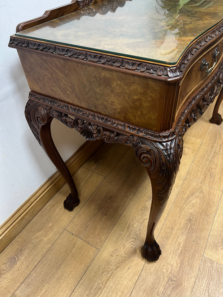 Burr Walnut Carved Console Table Cabriole Legs on Ball Claw Supports (SKU67)
