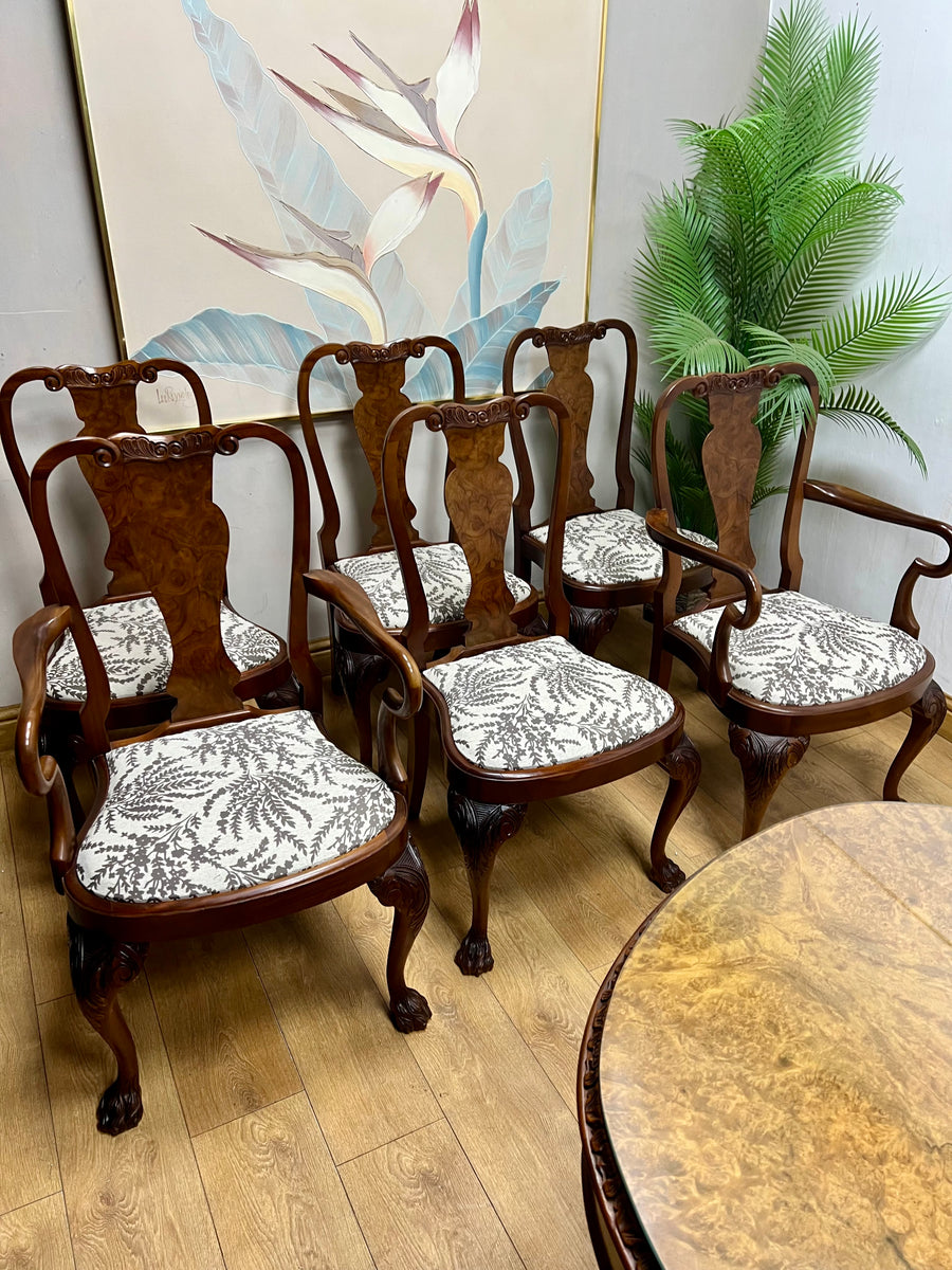 Burr Walnut Carved Dining Table Cabriole Legs on Ball Claw Supports With 6 Chairs(SKU27)