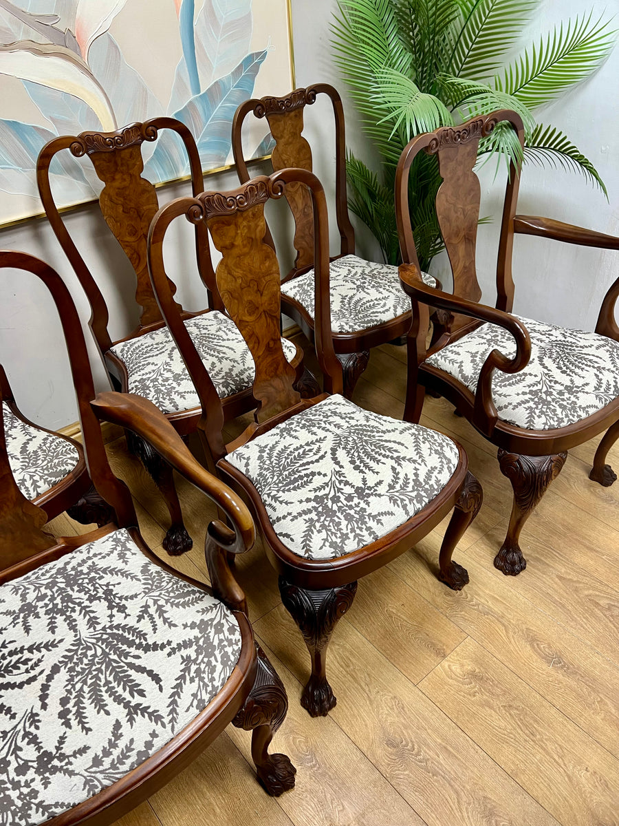 Burr Walnut Carved Dining Table Cabriole Legs on Ball Claw Supports With 6 Chairs(SKU27)