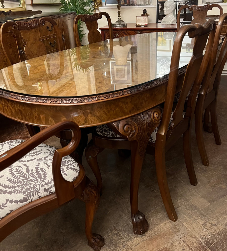 Burr Walnut Carved Dining Table Cabriole Legs on Ball Claw Supports With 6 Chairs(SKU27)
