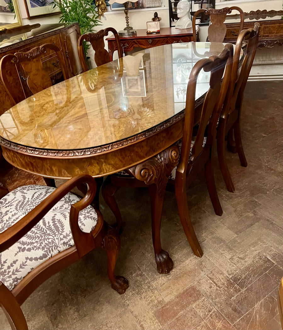 Burr Walnut Carved Dining Table Cabriole Legs on Ball Claw Supports With 6 Chairs(SKU27)