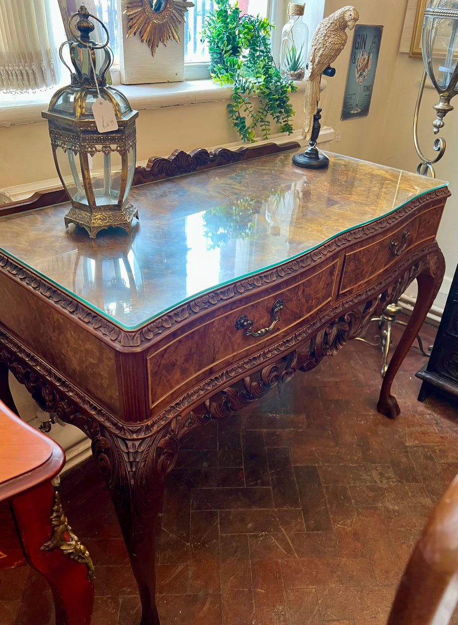 Burr Walnut Carved Console Table Cabriole Legs on Ball Claw Supports (SKU67)